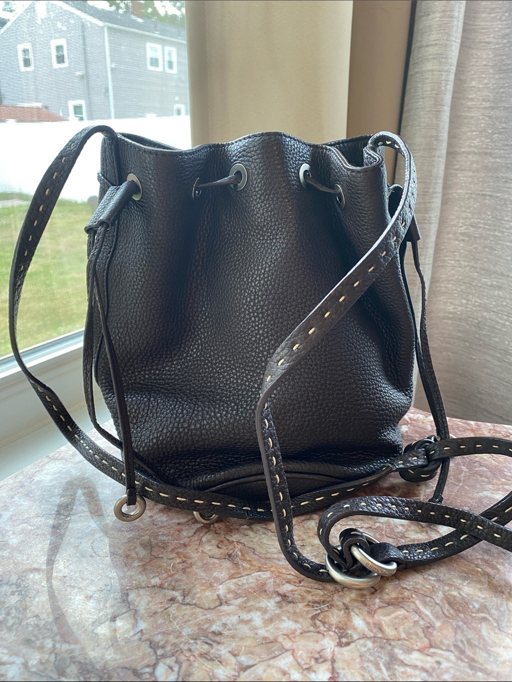 Michael Kors Pebbled Leather Drawstring Bucket Bag Brown Crossbody Whipstitch